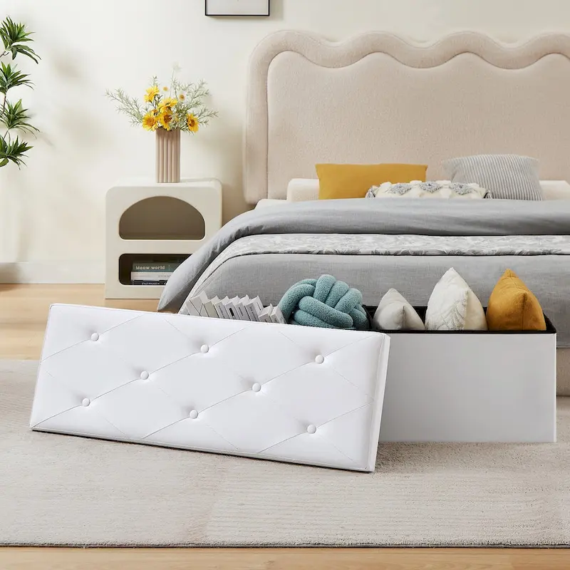 Pouf de rangement pliable, Repose-pieds, Pouf capitonné en cuir, Petit pouf carré pour salon, chambre à coucher, dortoir