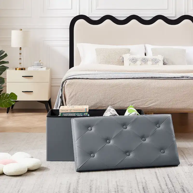 Pouf de rangement pliable, Repose-pieds, Pouf capitonné en cuir, Petit pouf carré pour salon, chambre à coucher, dortoir