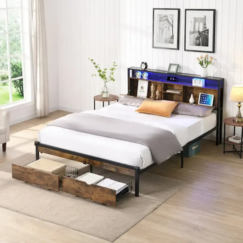 Lit Plateforme King Size Moderne en Métal avec Tête de Lit en Bois, 2 Tiroirs et Lumières LED