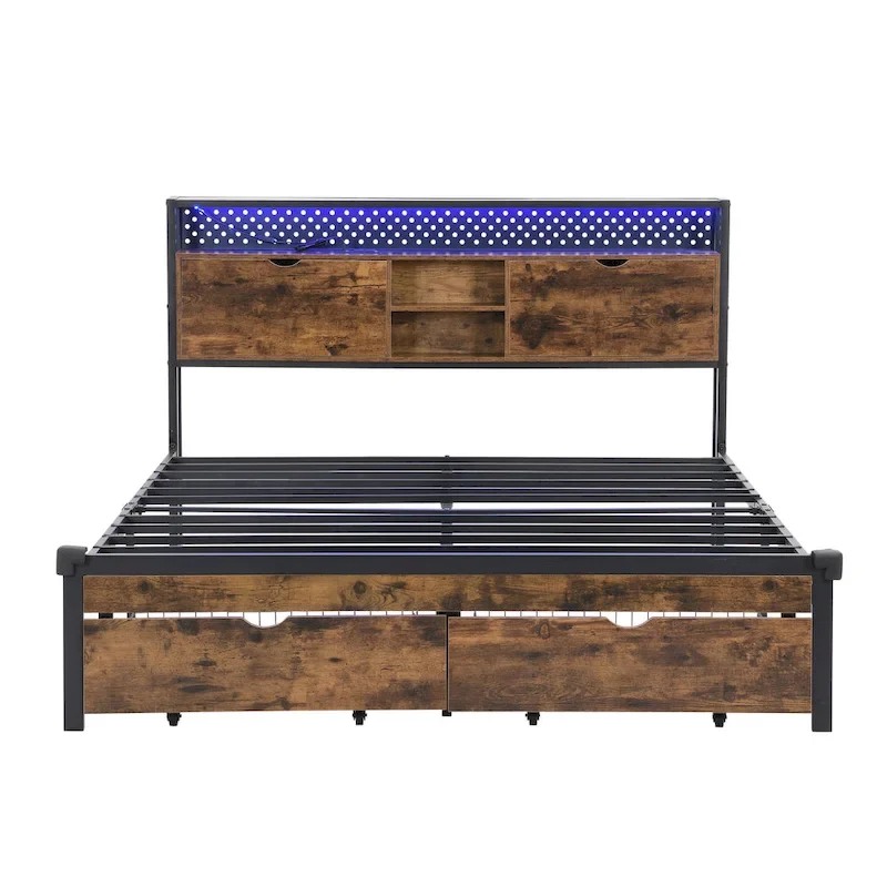 Lit Plateforme King Size Moderne en Métal avec Tête de Lit en Bois, 2 Tiroirs et Lumières LED