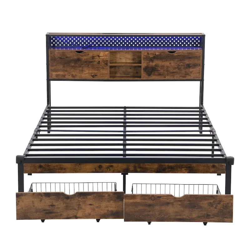 Lit Plateforme King Size Moderne en Métal avec Tête de Lit en Bois, 2 Tiroirs et Lumières LED