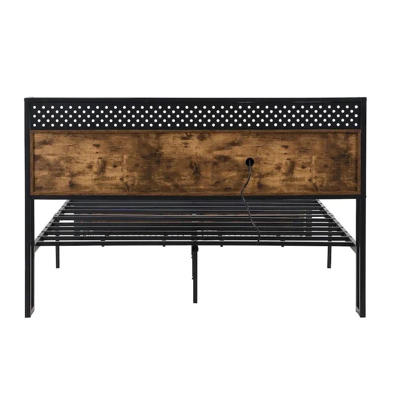 Lit Plateforme King Size Moderne en Métal avec Tête de Lit en Bois, 2 Tiroirs et Lumières LED