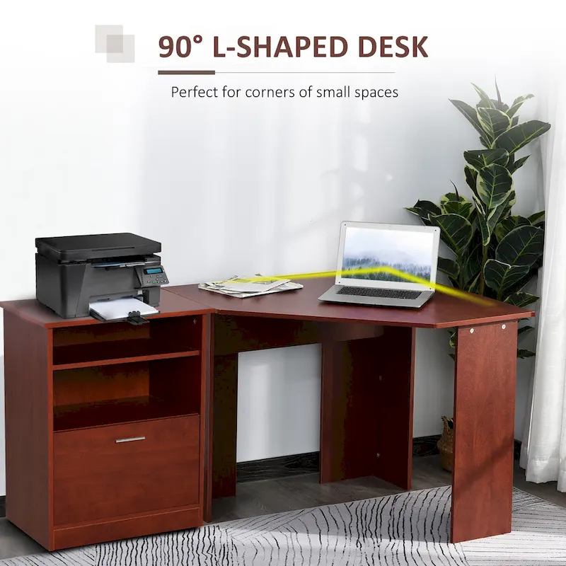 Bureau informatique avec armoire pour imprimante, bureau d'angle en L avec rangements, poste de travail PC pour bureau à domicile