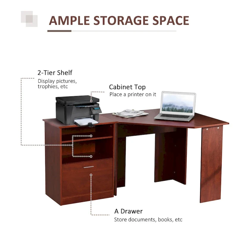Bureau informatique avec armoire pour imprimante, bureau d'angle en L avec rangements, poste de travail PC pour bureau à domicile