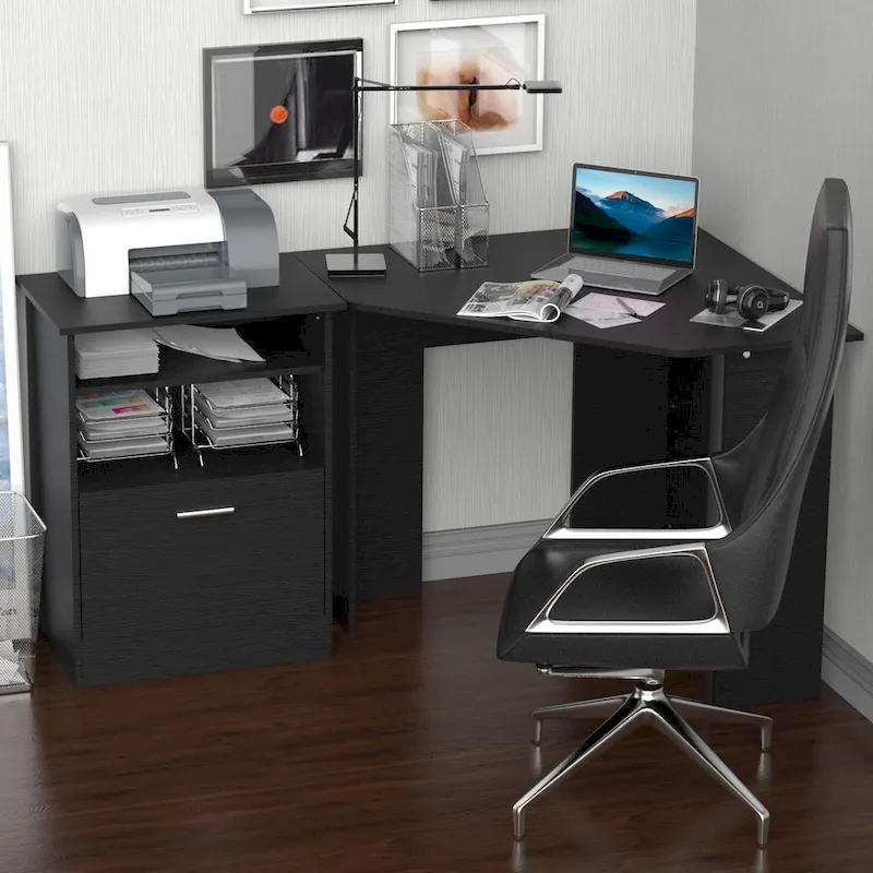 Bureau informatique avec armoire pour imprimante, bureau d'angle en L avec rangements, poste de travail PC pour bureau à domicile