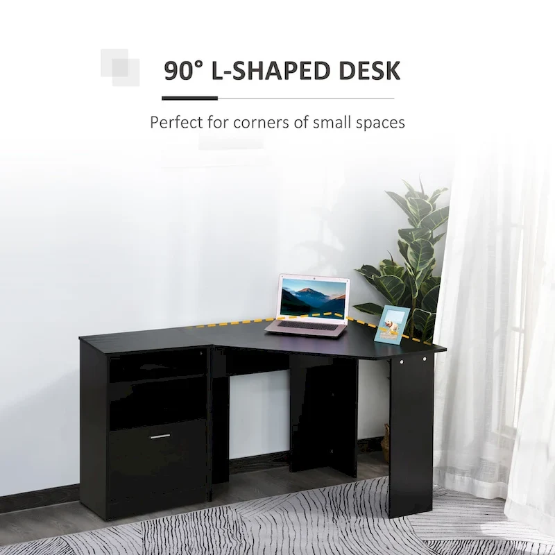Bureau informatique avec armoire pour imprimante, bureau d'angle en L avec rangements, poste de travail PC pour bureau à domicile
