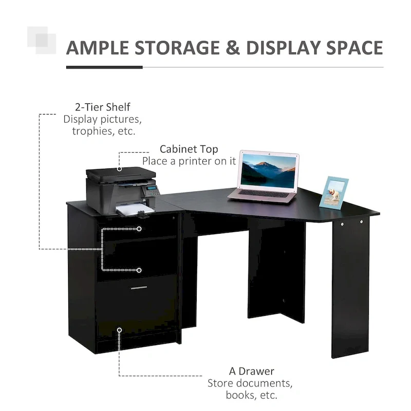 Bureau informatique avec armoire pour imprimante, bureau d'angle en L avec rangements, poste de travail PC pour bureau à domicile