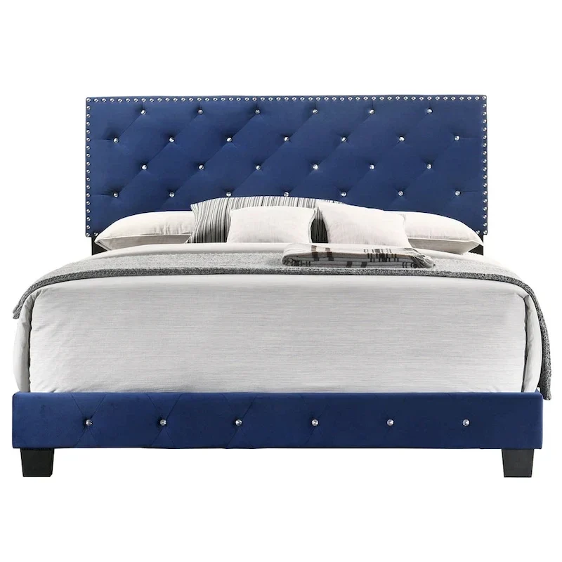 Lit capitonné en velours et similicuir bijou tapissé avec panneau intégral - 77 - Bleu