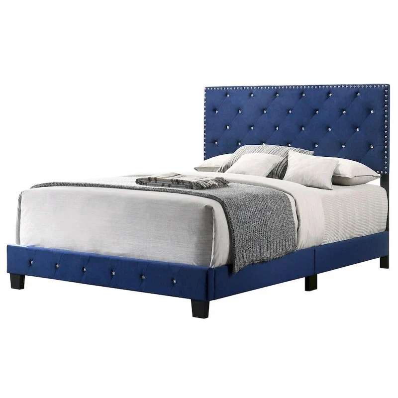 Lit capitonné en velours et similicuir bijou tapissé avec panneau intégral - 77 - Bleu