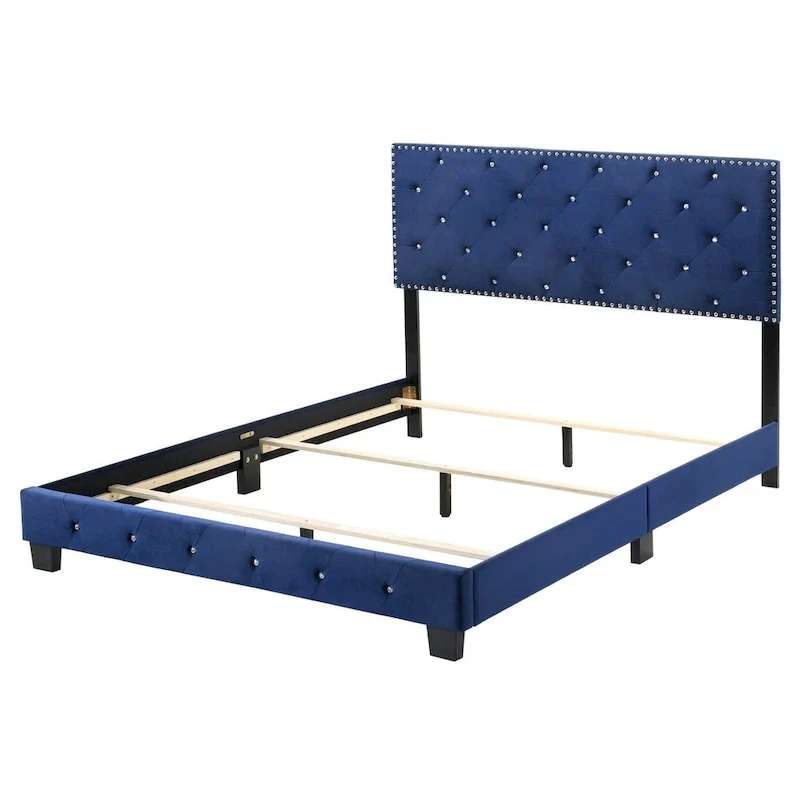 Lit capitonné en velours et similicuir bijou tapissé avec panneau intégral - 77 - Bleu