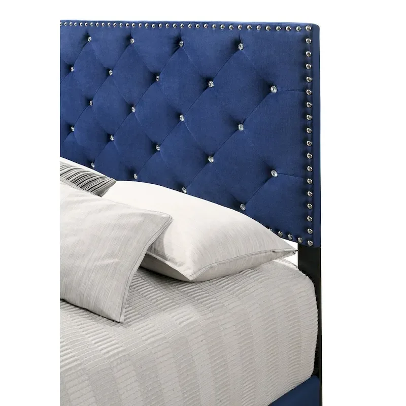 Lit capitonné en velours et similicuir bijou tapissé avec panneau intégral - 77 - Bleu