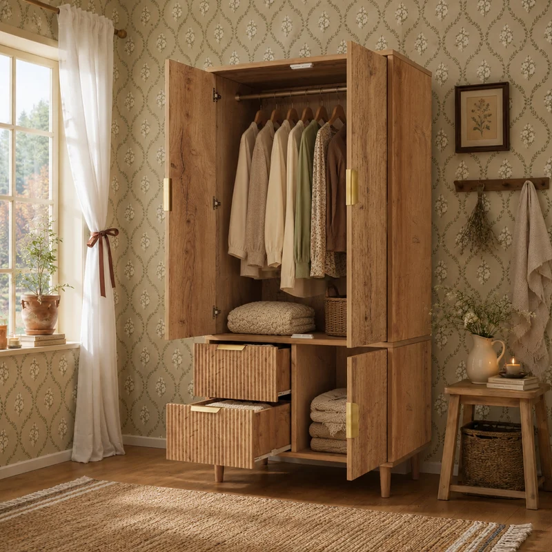 Armoire effet chêne 3 portes, 2 tiroirs, cannage 3D poignées dorés 80×50×177cm RUSTICTRAYART