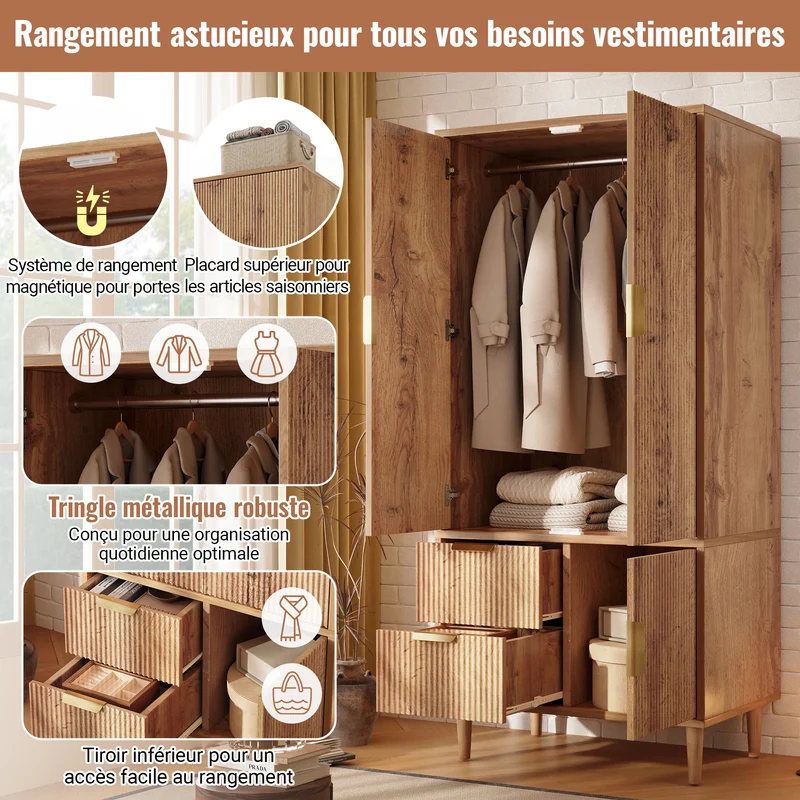 Armoire effet chêne 3 portes, 2 tiroirs, cannage 3D poignées dorés 80×50×177cm RUSTICTRAYART
