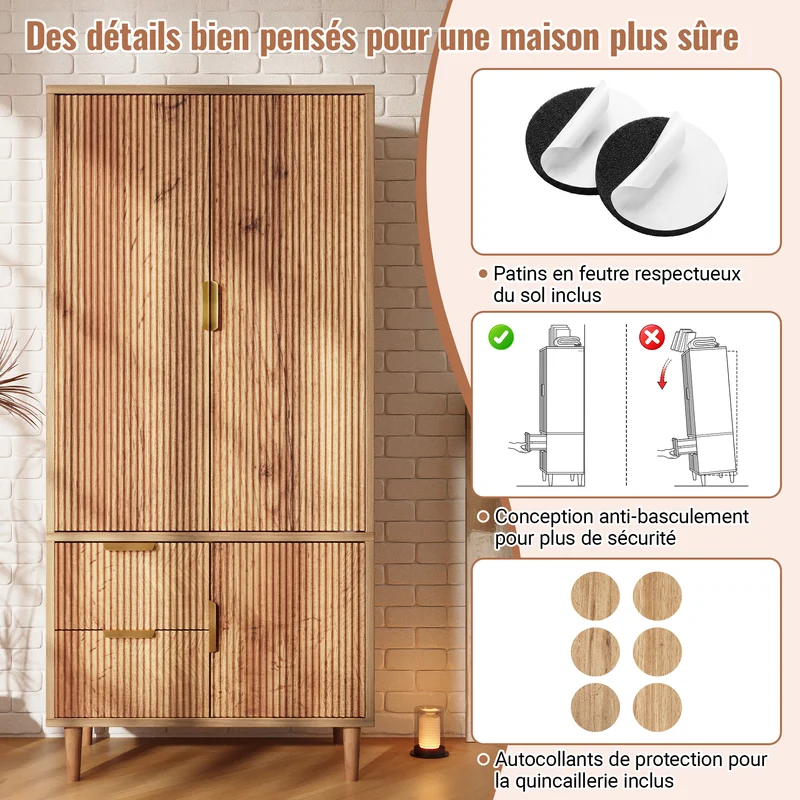 Armoire effet chêne 3 portes, 2 tiroirs, cannage 3D poignées dorés 80×50×177cm RUSTICTRAYART