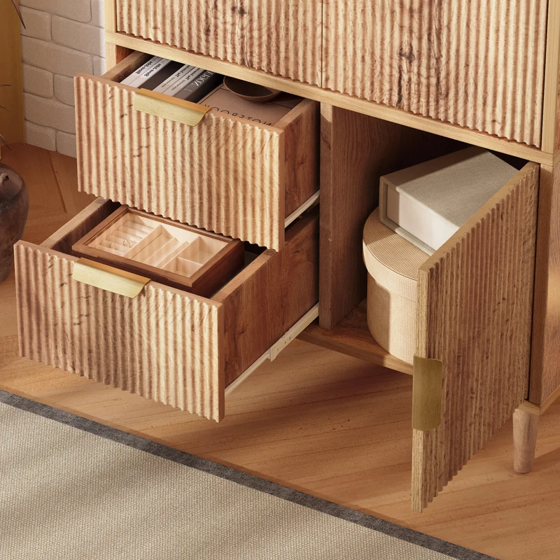 Armoire effet chêne 3 portes, 2 tiroirs, cannage 3D poignées dorés 80×50×177cm RUSTICTRAYART