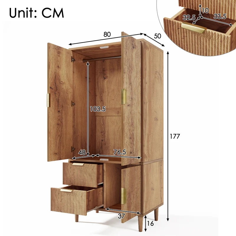 Armoire effet chêne 3 portes, 2 tiroirs, cannage 3D poignées dorés 80×50×177cm RUSTICTRAYART