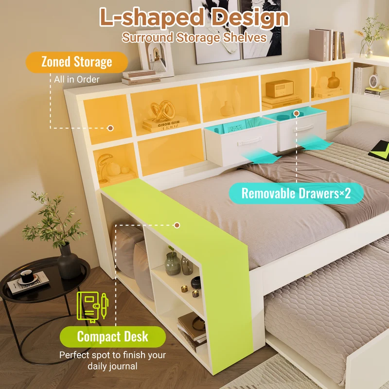 Lit gigogne 140x200cm blanc avec rangement et USB SCANDINAVIANFLOOR