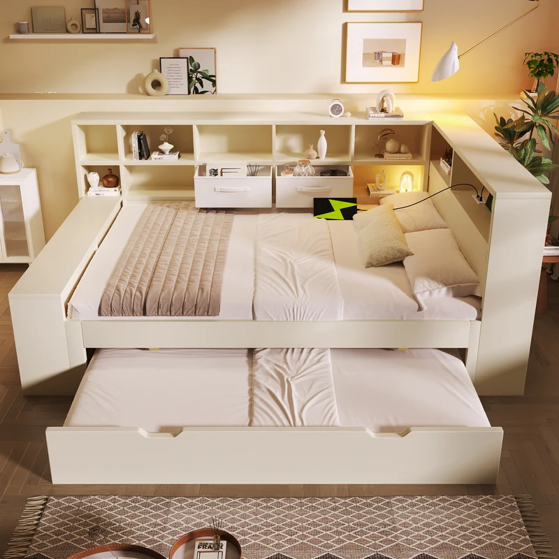Lit gigogne 140x200cm blanc avec rangement et USB SCANDINAVIANFLOOR