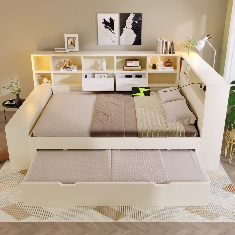 Lit gigogne 140x200cm blanc avec rangement et USB SCANDINAVIANFLOOR