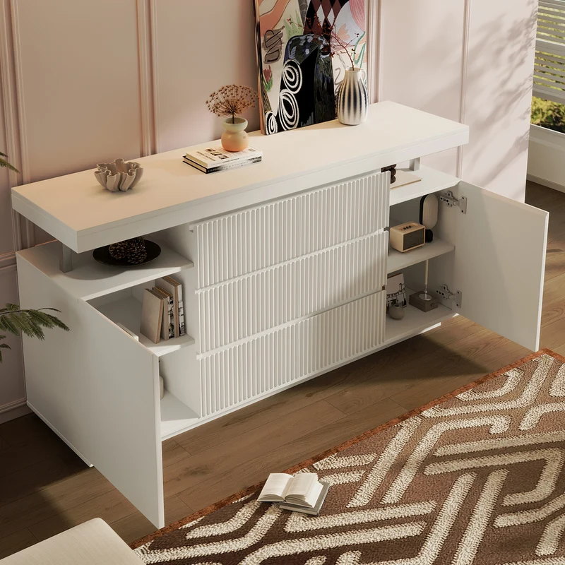 Buffet blanc chic façade rainurée 6 tiroirs 2 portes avec LED 150 cm SCANDINAVIANBIRCHONE