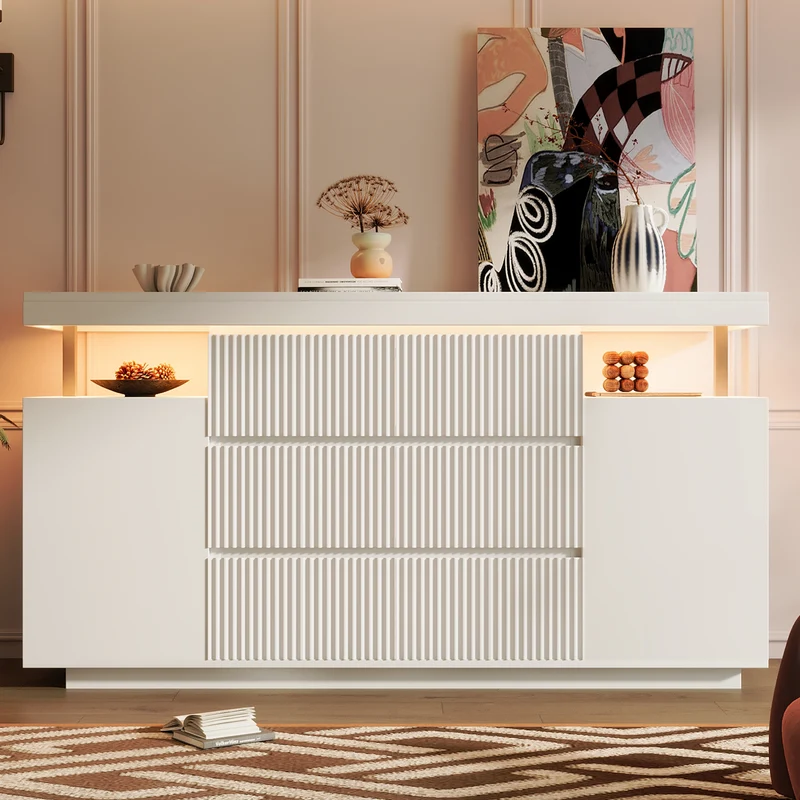 Buffet blanc chic façade rainurée 6 tiroirs 2 portes avec LED 150 cm SCANDINAVIANBIRCHONE