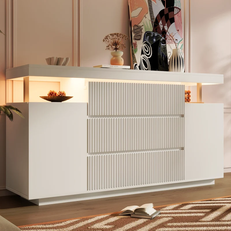 Buffet blanc chic façade rainurée 6 tiroirs 2 portes avec LED 150 cm SCANDINAVIANBIRCHONE