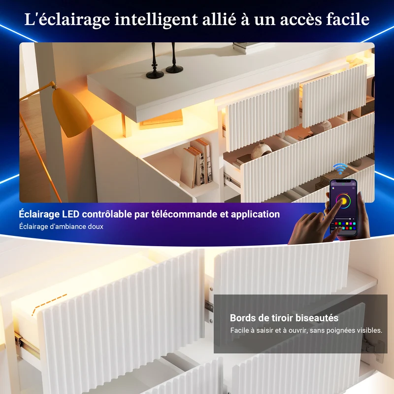 Buffet blanc chic façade rainurée 6 tiroirs 2 portes avec LED 150 cm SCANDINAVIANBIRCHONE
