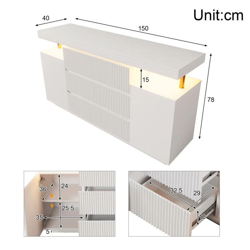 Buffet blanc chic façade rainurée 6 tiroirs 2 portes avec LED 150 cm SCANDINAVIANBIRCHONE