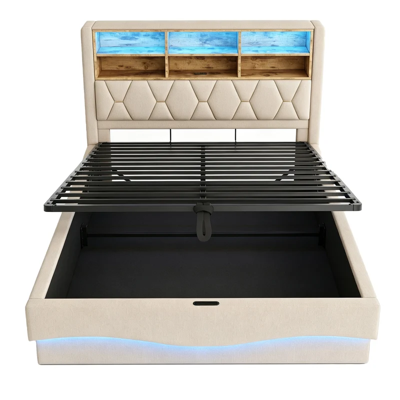 Lit coffre 140x200cm beige en lin avec LED, USB et sommier métal RUSTICPLUS