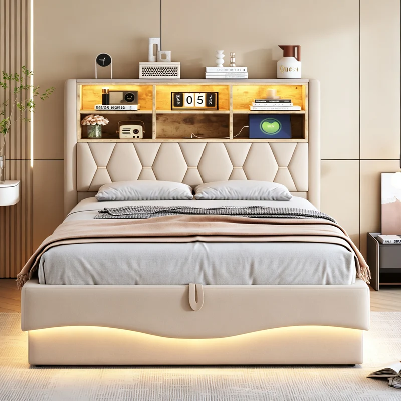 Lit coffre 140x200cm beige en lin avec LED, USB et sommier métal RUSTICPLUS