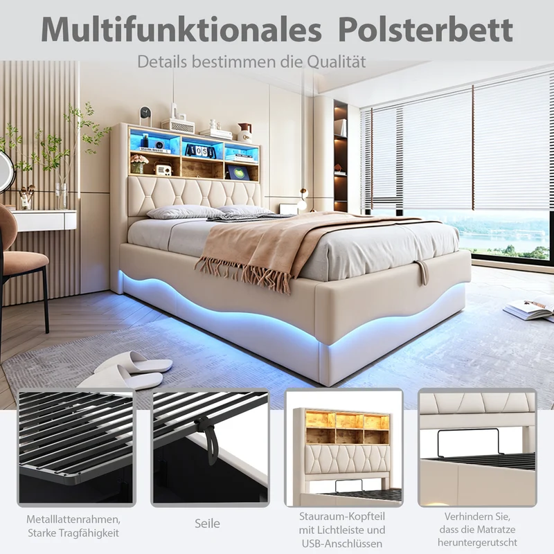 Lit coffre 140x200cm beige en lin avec LED, USB et sommier métal RUSTICPLUS