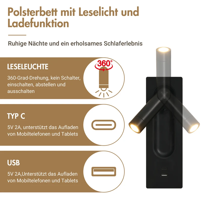 Lit capitonné en velours beige 180x200cm tiroirs rangement avec chevets, LED et USB RUSTICSHELF