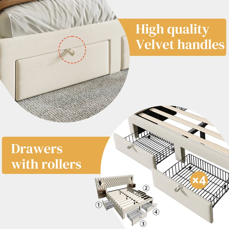 Lit capitonné en velours beige 180x200cm tiroirs rangement avec chevets, LED et USB RUSTICSHELF