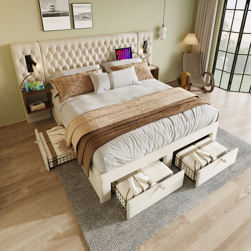 Lit capitonné en velours beige 180x200cm tiroirs rangement avec chevets, LED et USB RUSTICSHELF