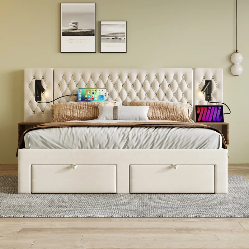 Lit capitonné en velours beige 180x200cm tiroirs rangement avec chevets, LED et USB RUSTICSHELF
