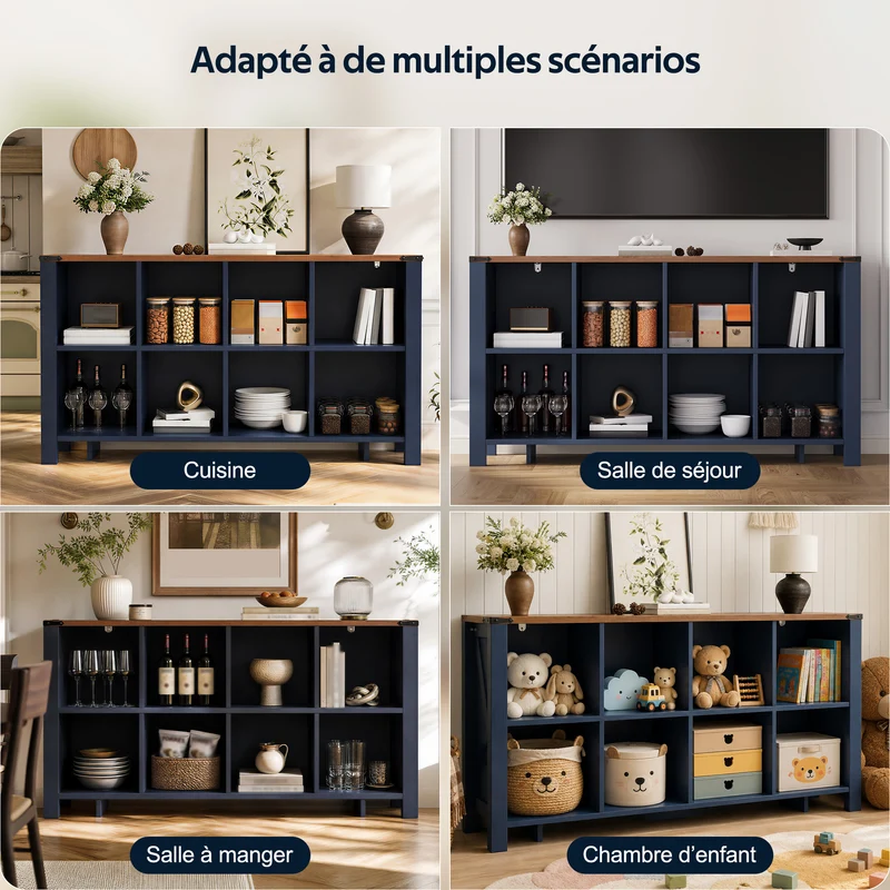 Buffet de rangement 8 compartiments ouverts avec plateau finition bois 140cm RUSTICLEATHERELITE