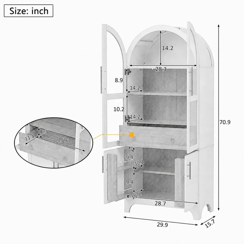 Armoire haut blanc forme arche avec verre cannelé 76x40x180cm RUSTICPILLOWSET