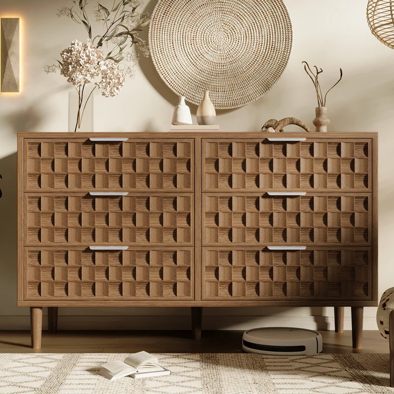 Buffet effet chêne motif damier en relief, 6 tiroirs, style mid-century 120cm RUSTICWALLART