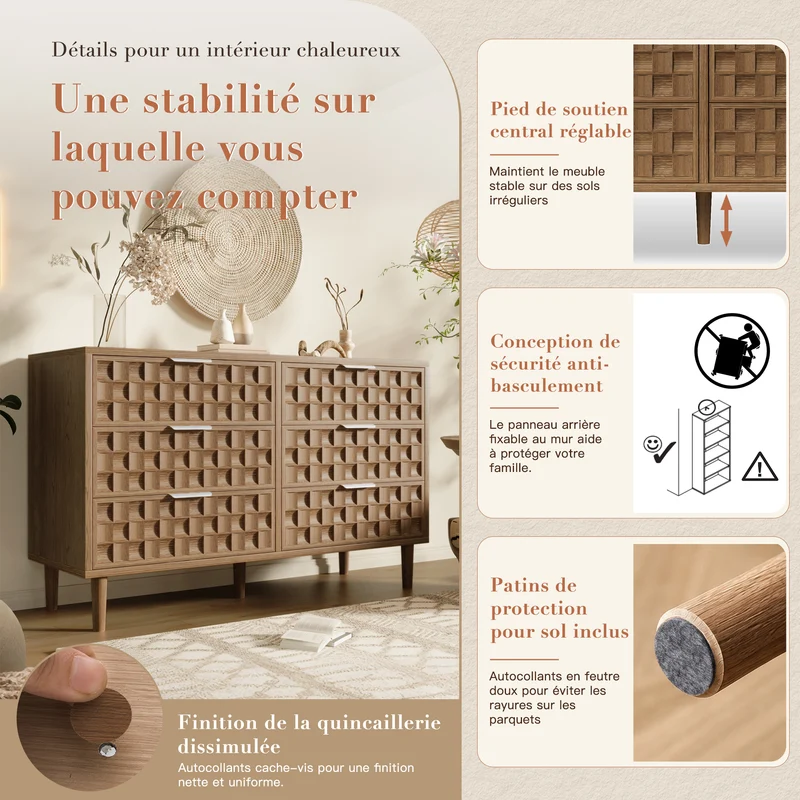 Buffet effet chêne motif damier en relief, 6 tiroirs, style mid-century 120cm RUSTICWALLART