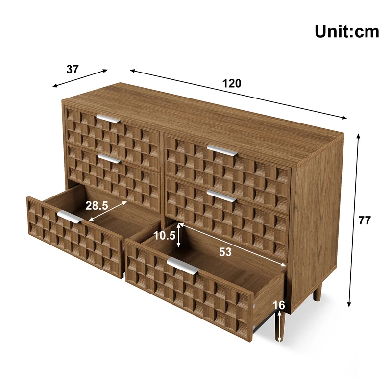 Buffet effet chêne motif damier en relief, 6 tiroirs, style mid-century 120cm RUSTICWALLART