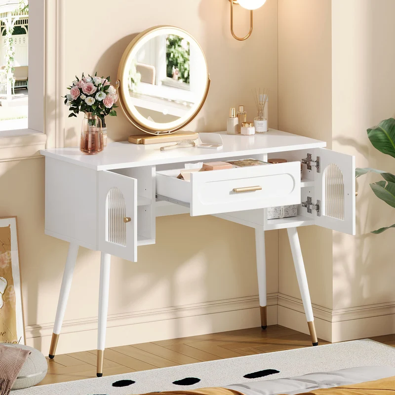 Coiffeuse blanche avec miroir LED, tiroir et rangements H112cm SCANDINAVIANBIRCHPLU