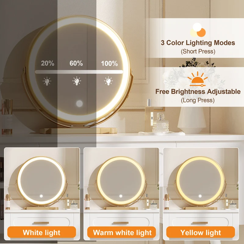 Coiffeuse blanche avec miroir LED, tiroir et rangements H112cm SCANDINAVIANBIRCHPLU
