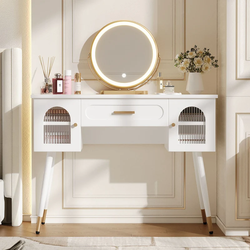Coiffeuse blanche avec miroir LED, tiroir et rangements H112cm SCANDINAVIANBIRCHPLU