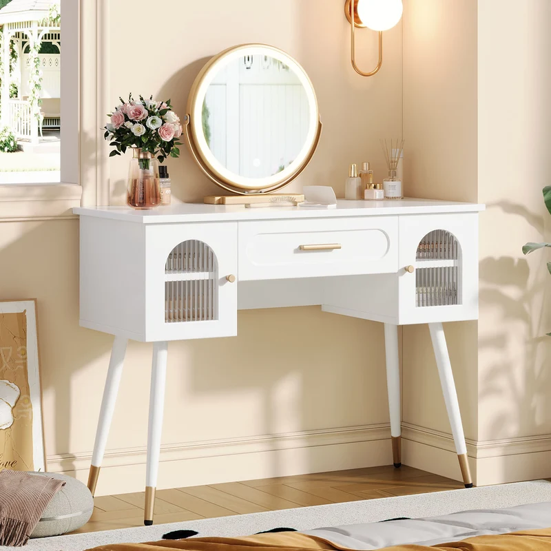 Coiffeuse blanche avec miroir LED, tiroir et rangements H112cm SCANDINAVIANBIRCHPLU