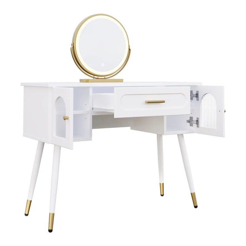 Coiffeuse blanche avec miroir LED, tiroir et rangements H112cm SCANDINAVIANBIRCHPLU