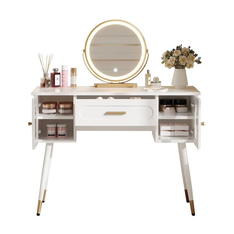 Coiffeuse blanche avec miroir LED, tiroir et rangements H112cm SCANDINAVIANBIRCHPLU