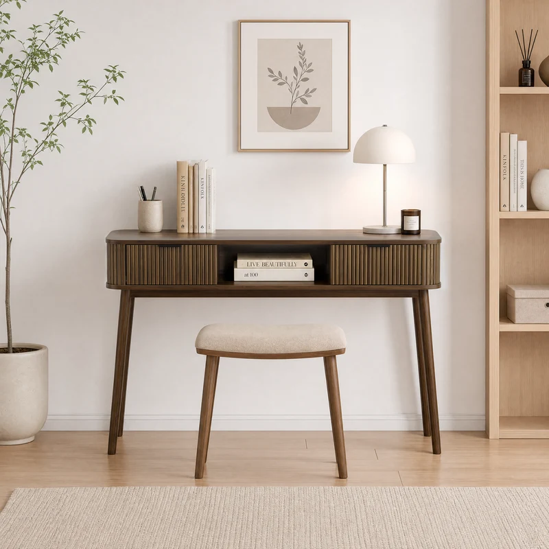 Console effet bois noyer a latte, style vintage avec tiroirs poignées métalliques noirs RUSTICSTONEONE