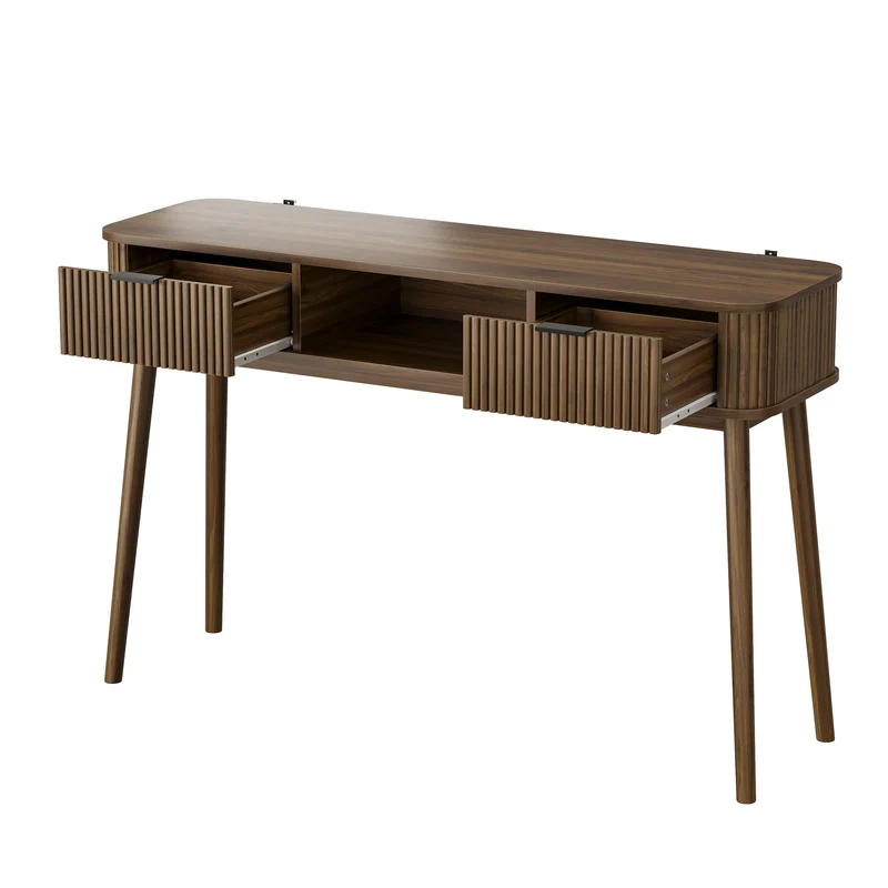 Console effet bois noyer a latte, style vintage avec tiroirs poignées métalliques noirs RUSTICSTONEONE