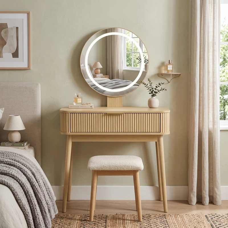 Coiffeuse effet chêne avec miroir LED sans tabouret 80x40x133cm RUSTICSTOOLART