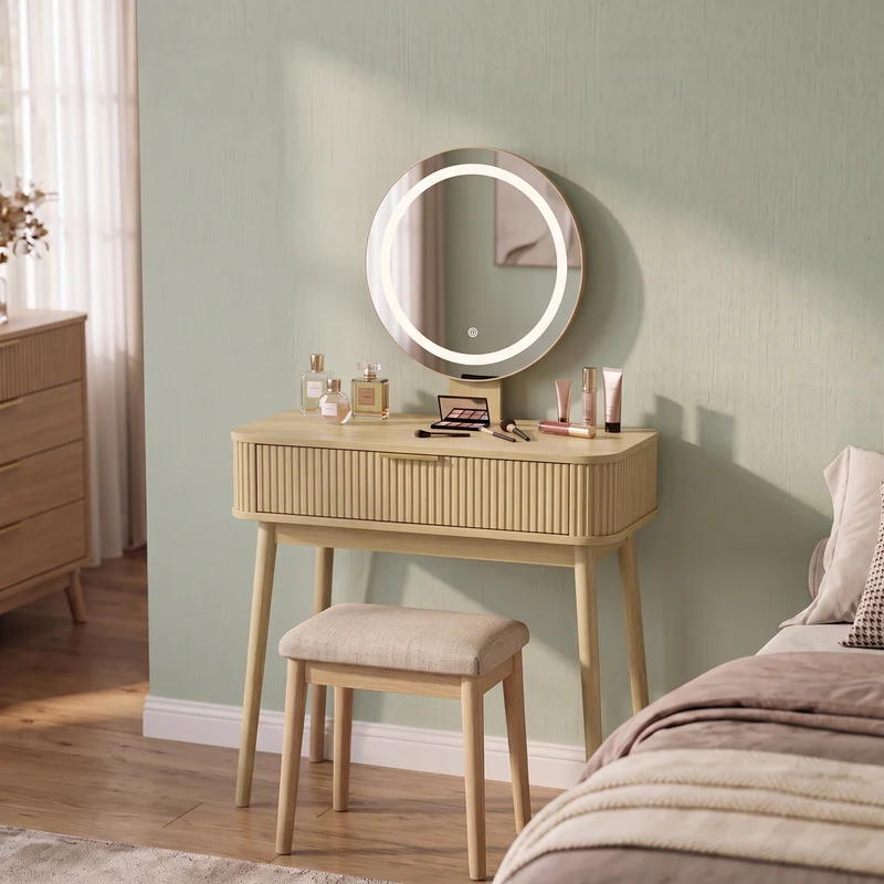 Coiffeuse effet chêne avec miroir LED sans tabouret 80x40x133cm RUSTICSTOOLART